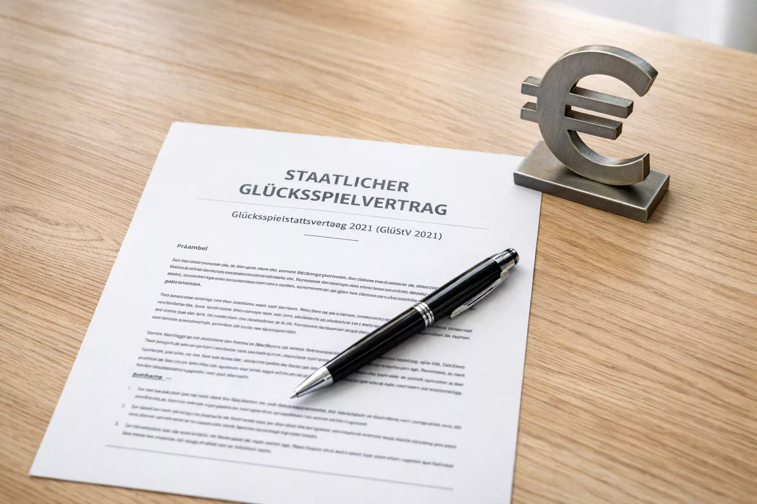 Dokument mit Stift auf einem Schreibtisch neben einem symbolischen Euro-Zeichen